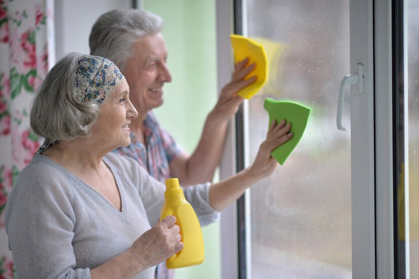Senior couple cleaning window